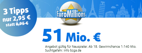40 Mio. € im EuroMillions Jackpot mit 77% Rabatt spielen