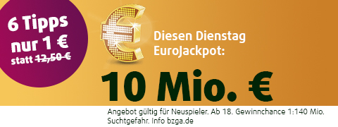 92% Rabatt auf EuroJackpot <br>6 Felder für nur 1€ 