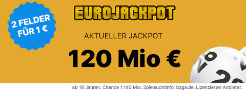 115 Mio. € - 2 Felder Eurojackpot für 1€ mit dem Gutschein